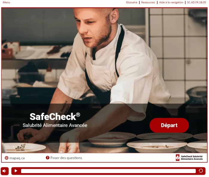safeCheck Adnaced Level (Manager) Food Safety Course - French Language. Approved by MAPAQ - a man in a chef's outfit is garnishing a meal