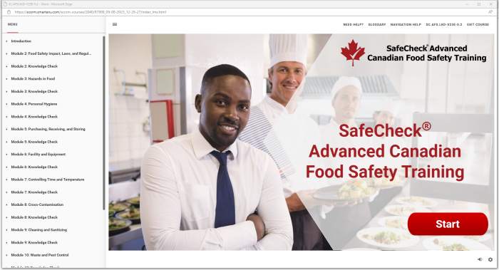 SafeCheck Advanced Food Safety -Start Page - Online Course - Canada's Best Value