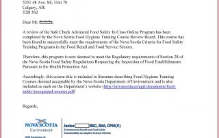 Nova Scotia - Food Safety Course Approval - A