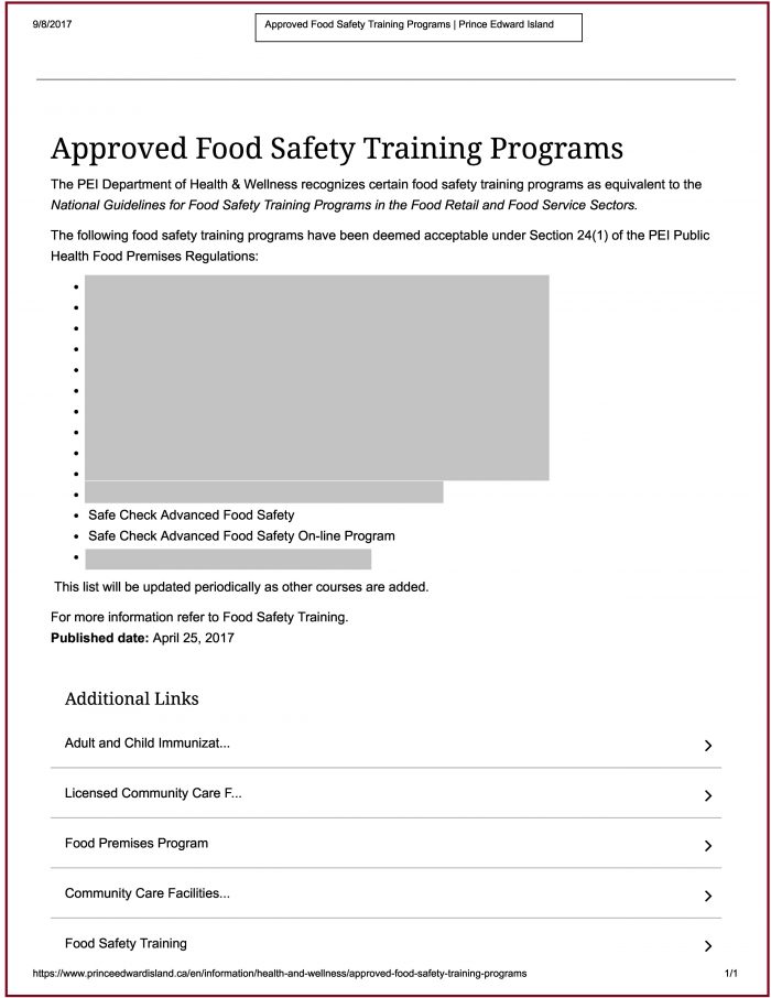 Prince Edward Island - Food Safety Course Approval A