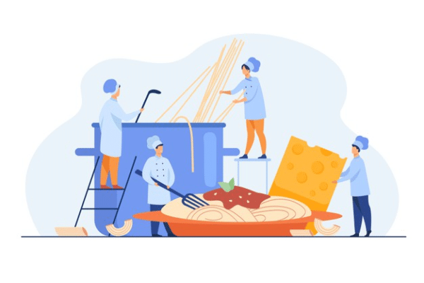 Concept illustration of restaurant staff cooking food keeping food safety training in mind.